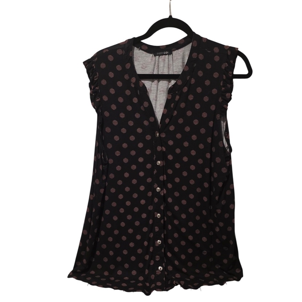 Papermoon Womens Top Blouse Black Brown Polka Dot Button Front Sleeveless